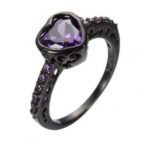 Engagement Jewelry Big Heart Amethyst Zircon Ring Elegant Black Gold Filled CZ